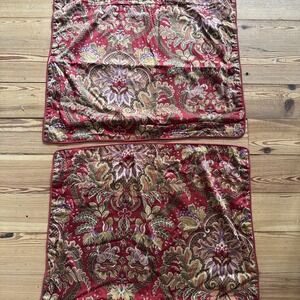 2 Vtg Raymond Waites Shams Shabby Cotton Standard Sized Burgundy Paisley